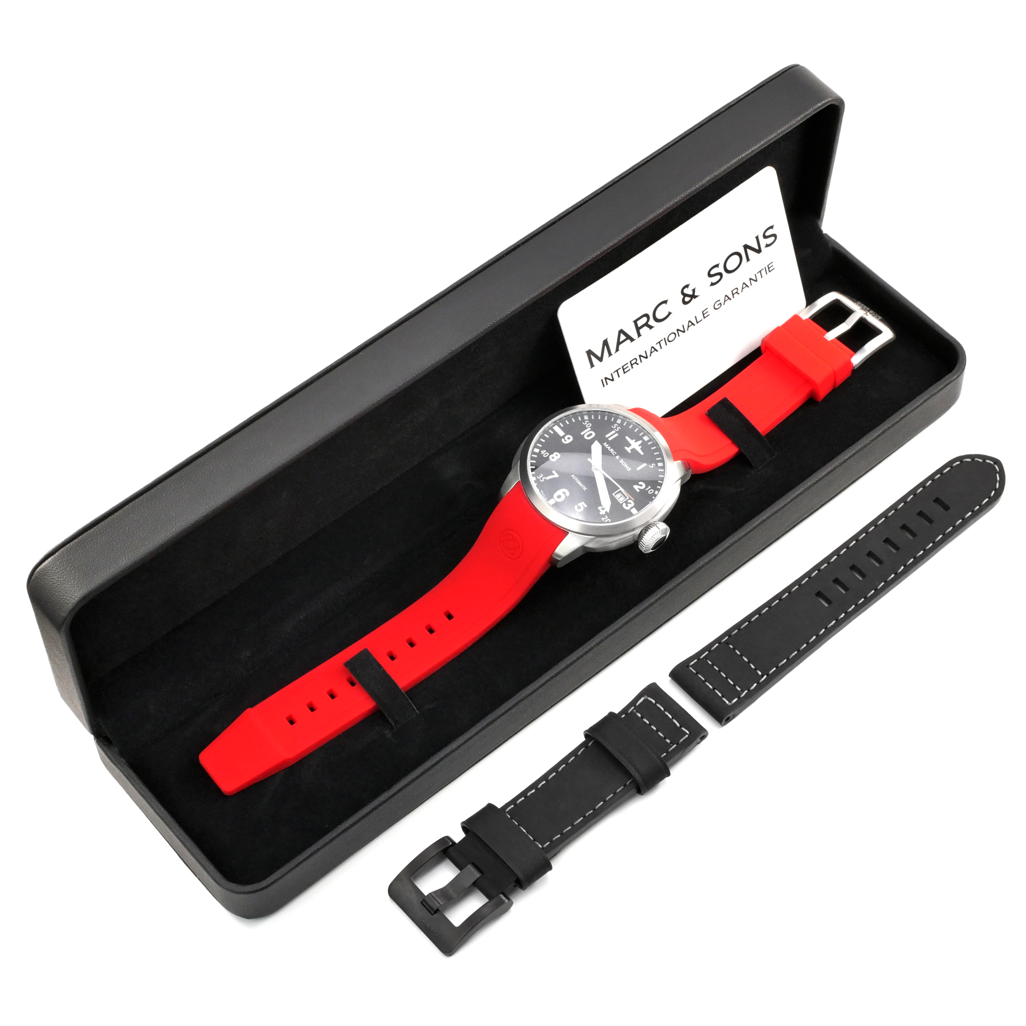 Marc & Sons Elegance Black Professional Automatic Pilot Men's Watch 46mm 10ATM Black Dial/Two straps MSF-005L3